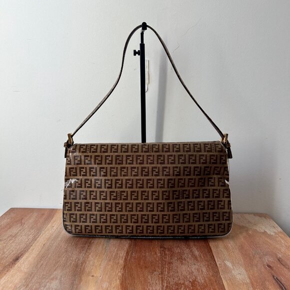 Fendi Zucchino Vinyl Double Flap Accordion Baguette Brown - Picture 2 of 15